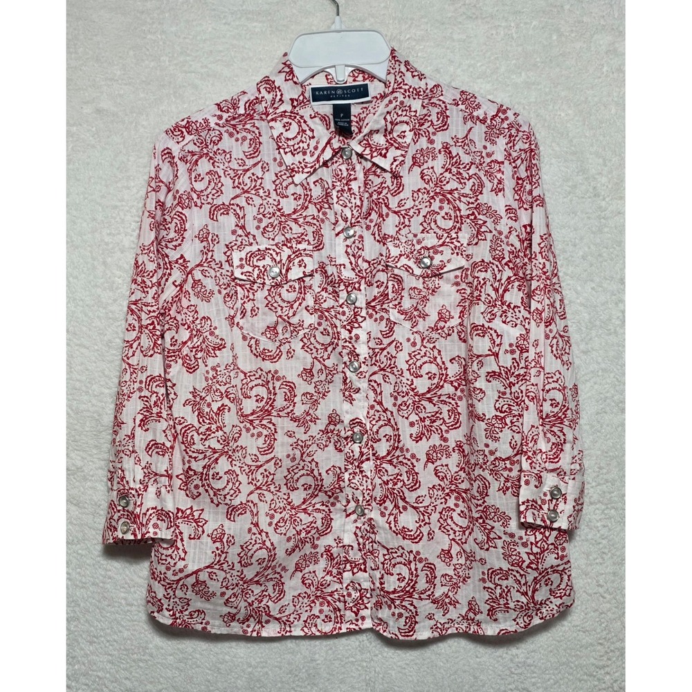 Karen Scott Petites Red White Paisley 3/4 Sleeve Cotton Button Down Shirt P